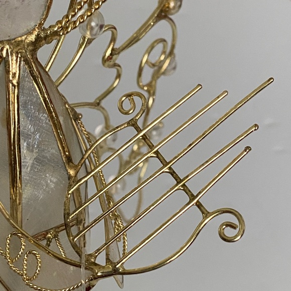 Vintage Capiz Shell Christmas Angel with Wings Playing Harp Gold Metal Crystals - Picture 16 of 16